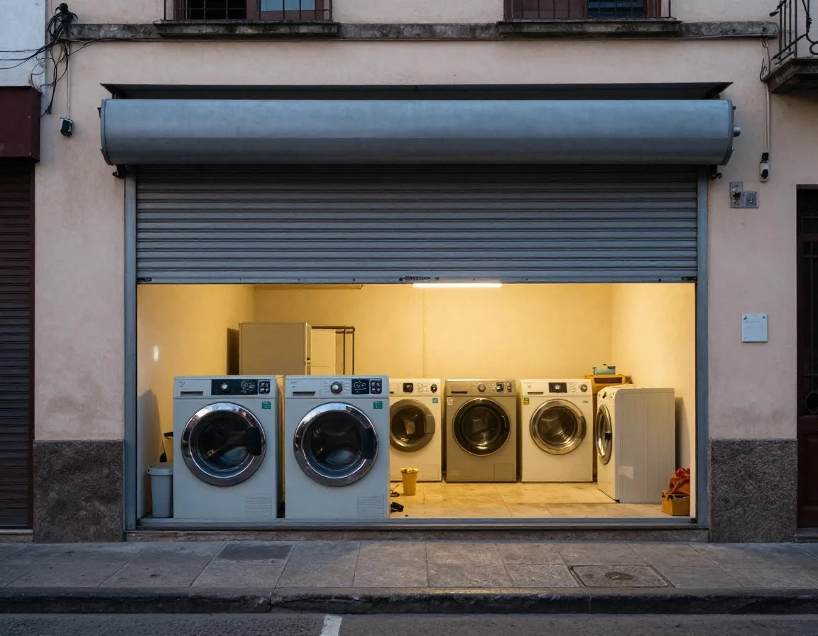 Equipos reparados listos en la puerta del taller al atardecer