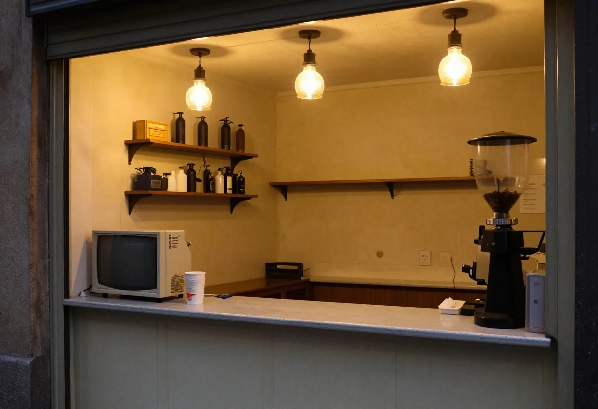 Interior de pequeño comercio con luminarias y baño de uso intensivo
