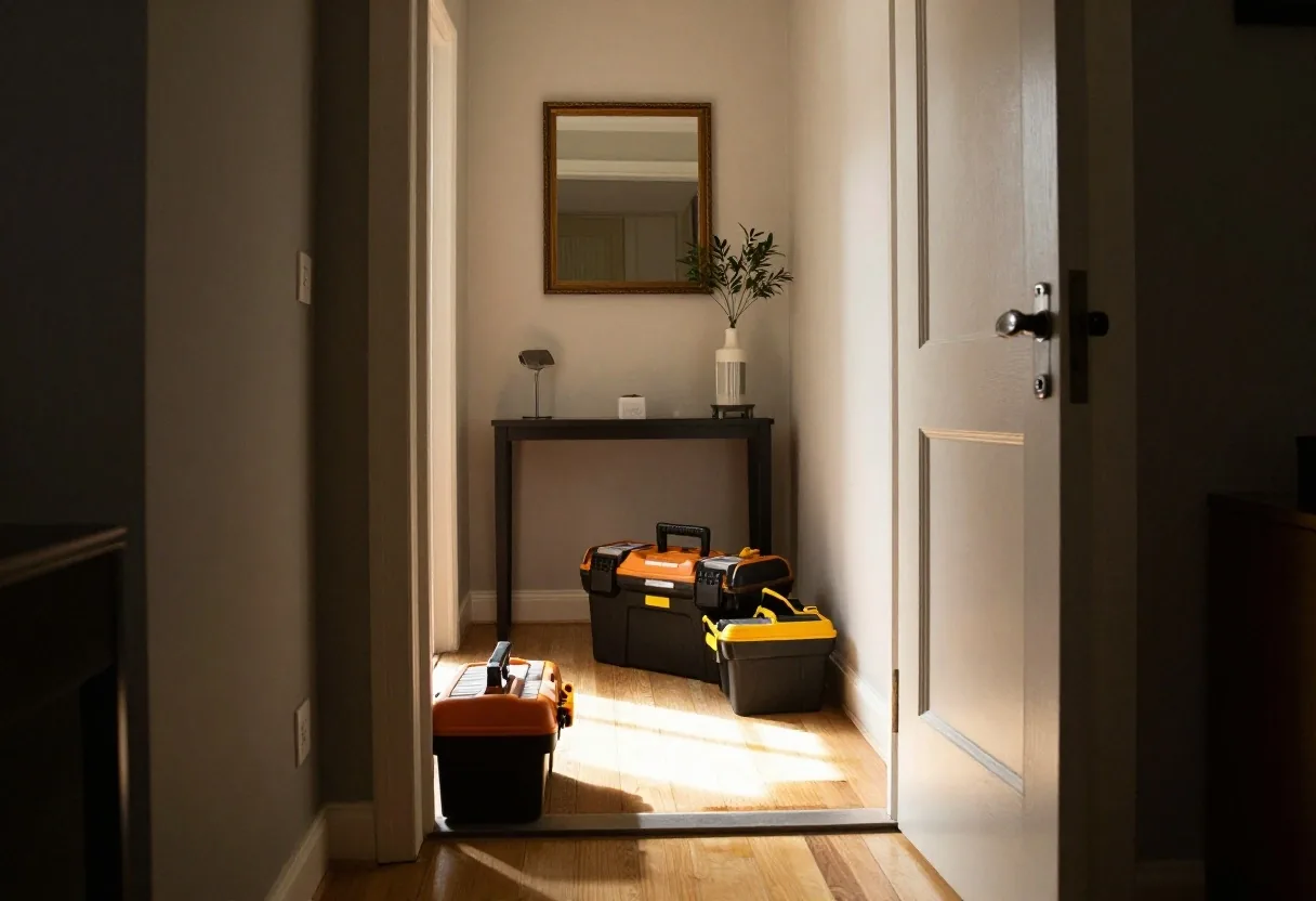 Puerta de departamento con luz de día y caja de herramientas